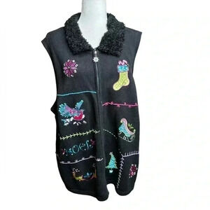 Merry & Bright Christmas Sweater Vest Womens 3X Black Embroidered Beaded
